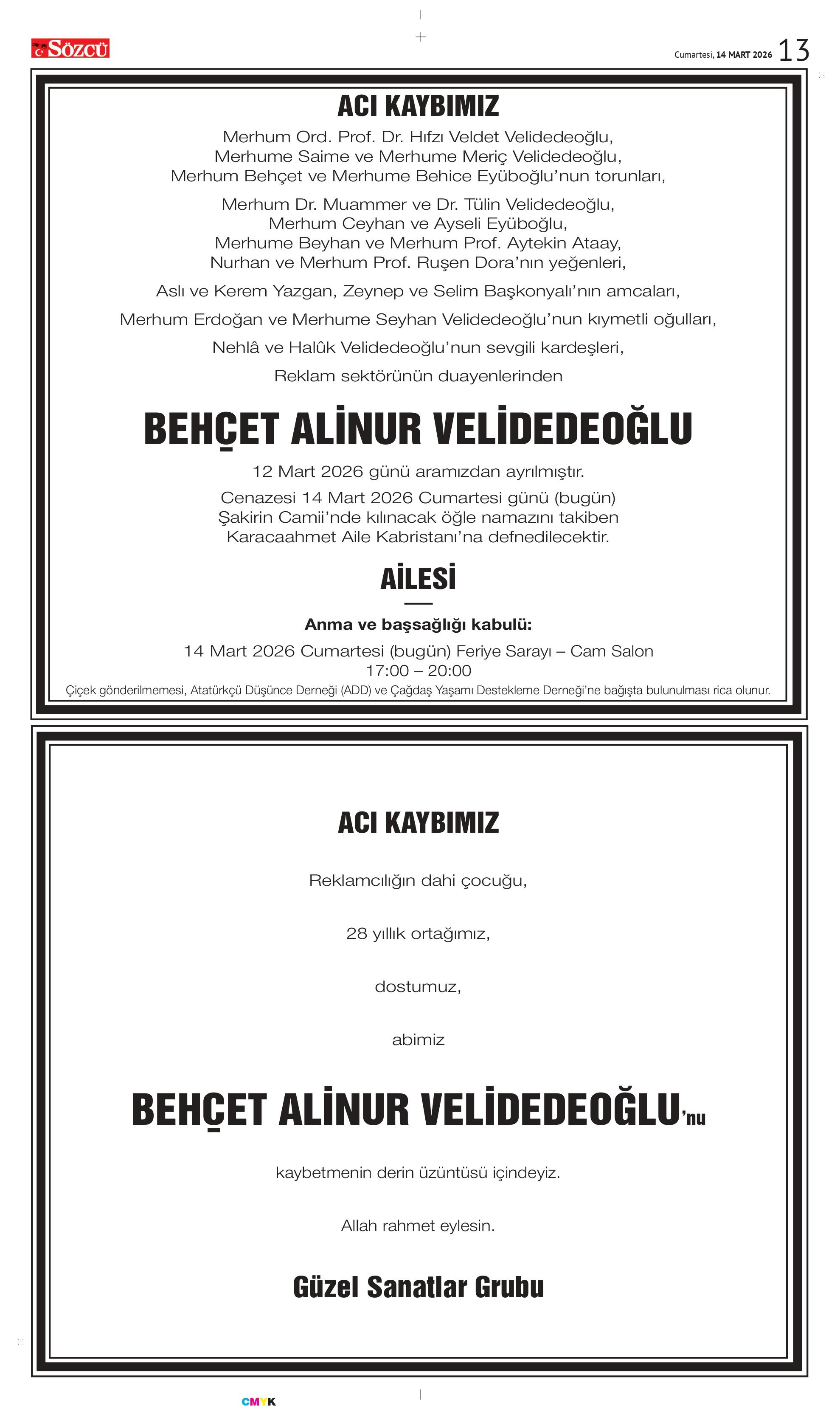 14 MART 2026 VEFAT İLANLARI